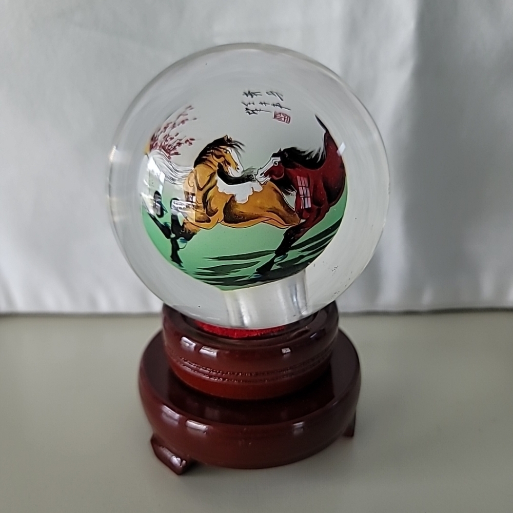 Chinese Reverse Painting Globe ~ Running Horses ~ Artist Signed